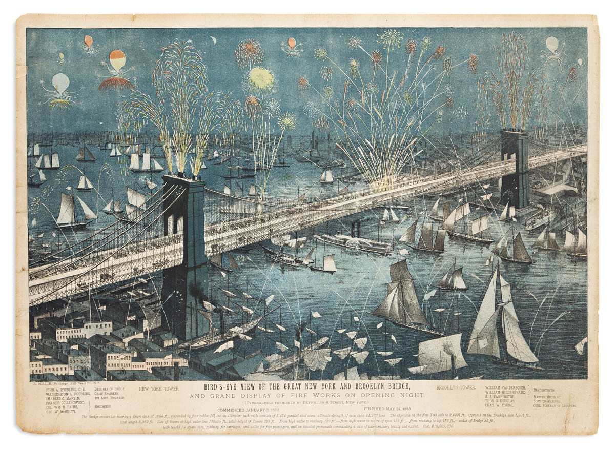 (NEW YORK CITY.) A. Major. Birds-Eye View of the Great New York and Brooklyn Bridge, and Grand Display of Fire Works on Opening Night.